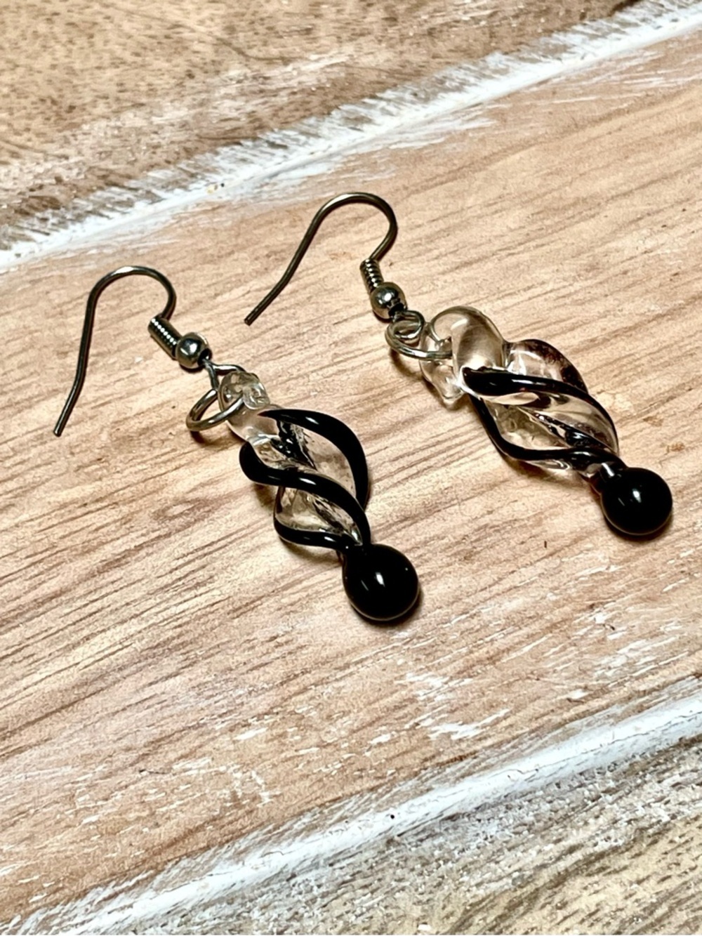 Handmade Black and Clear Twisted Glass Drop Earrings with Clear Accents.
